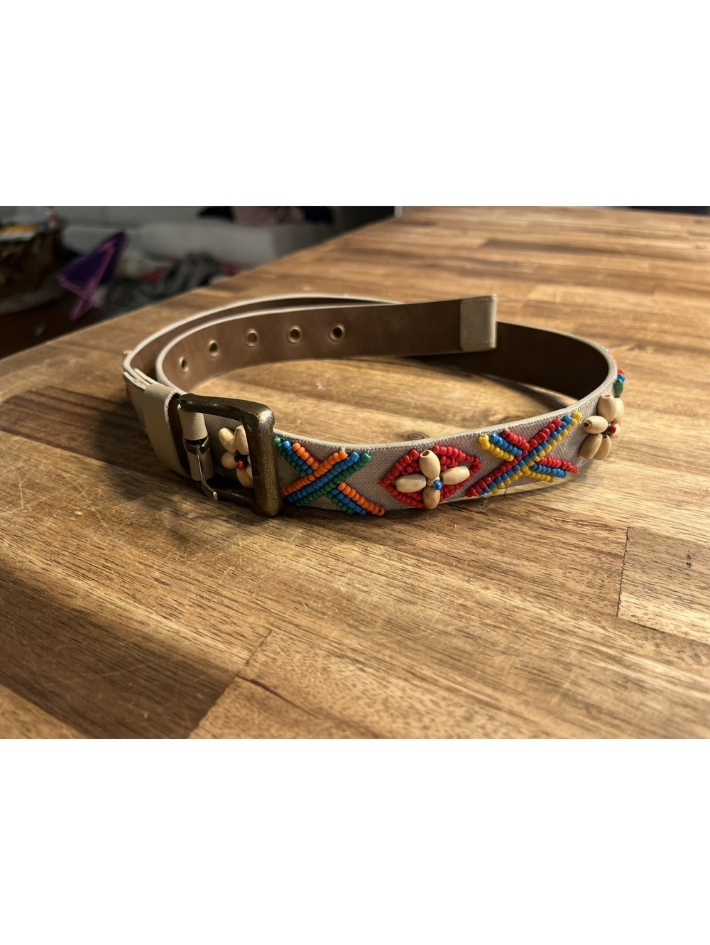 Vintage Beaded Hippie Belt Boho Traditional Tribal Bohemian Size 30 Tan